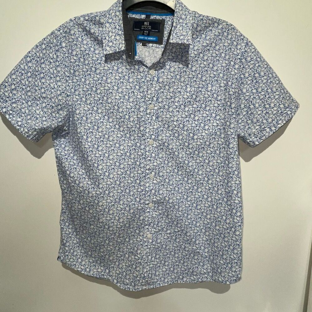 MBX Premium Goods Men's Blue White Floral Short Sleeve Button Up Shirt Medium